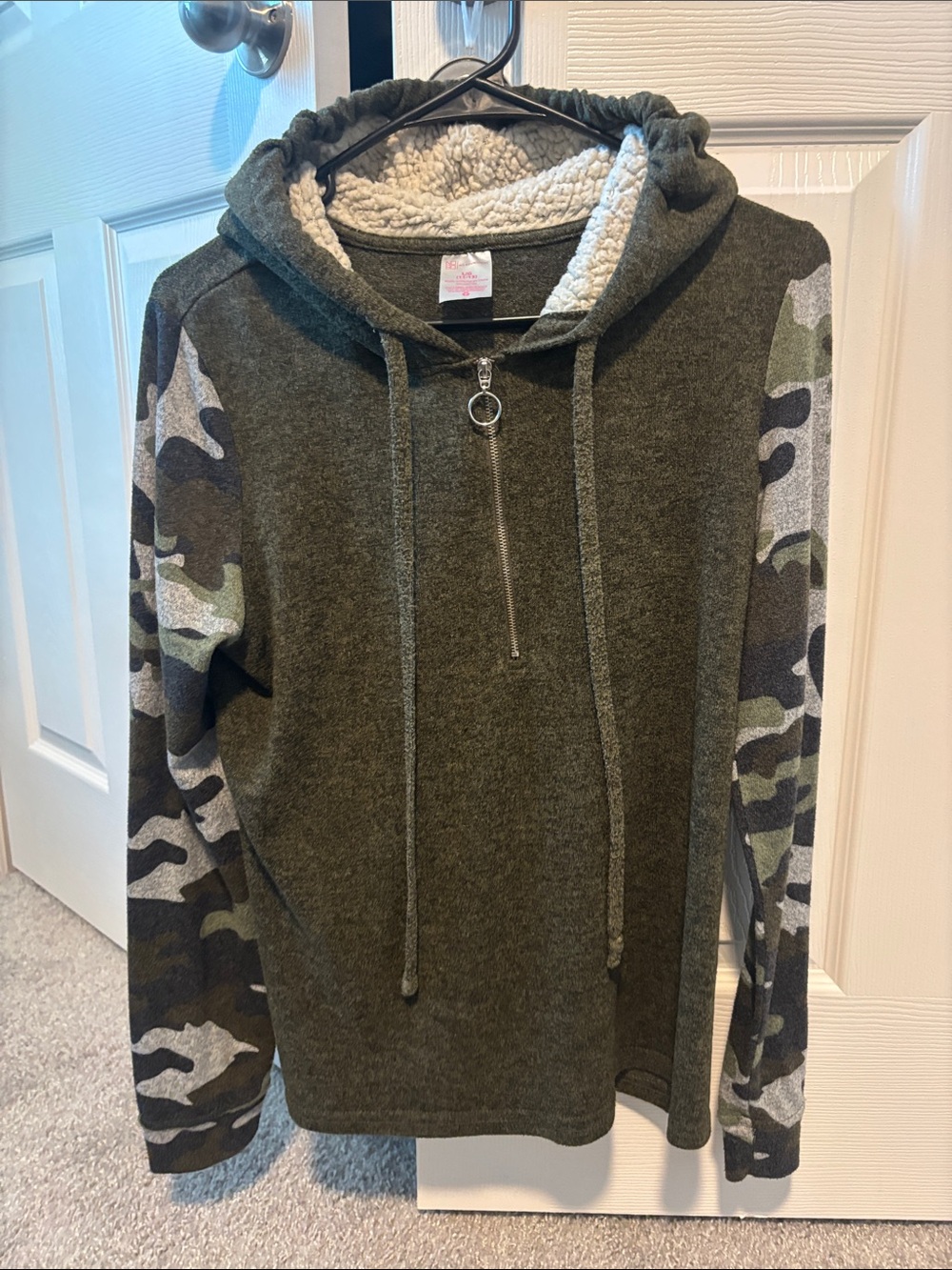 NOBO Olive Green Hooded Half-Zip Shirt with Camo Sleeves